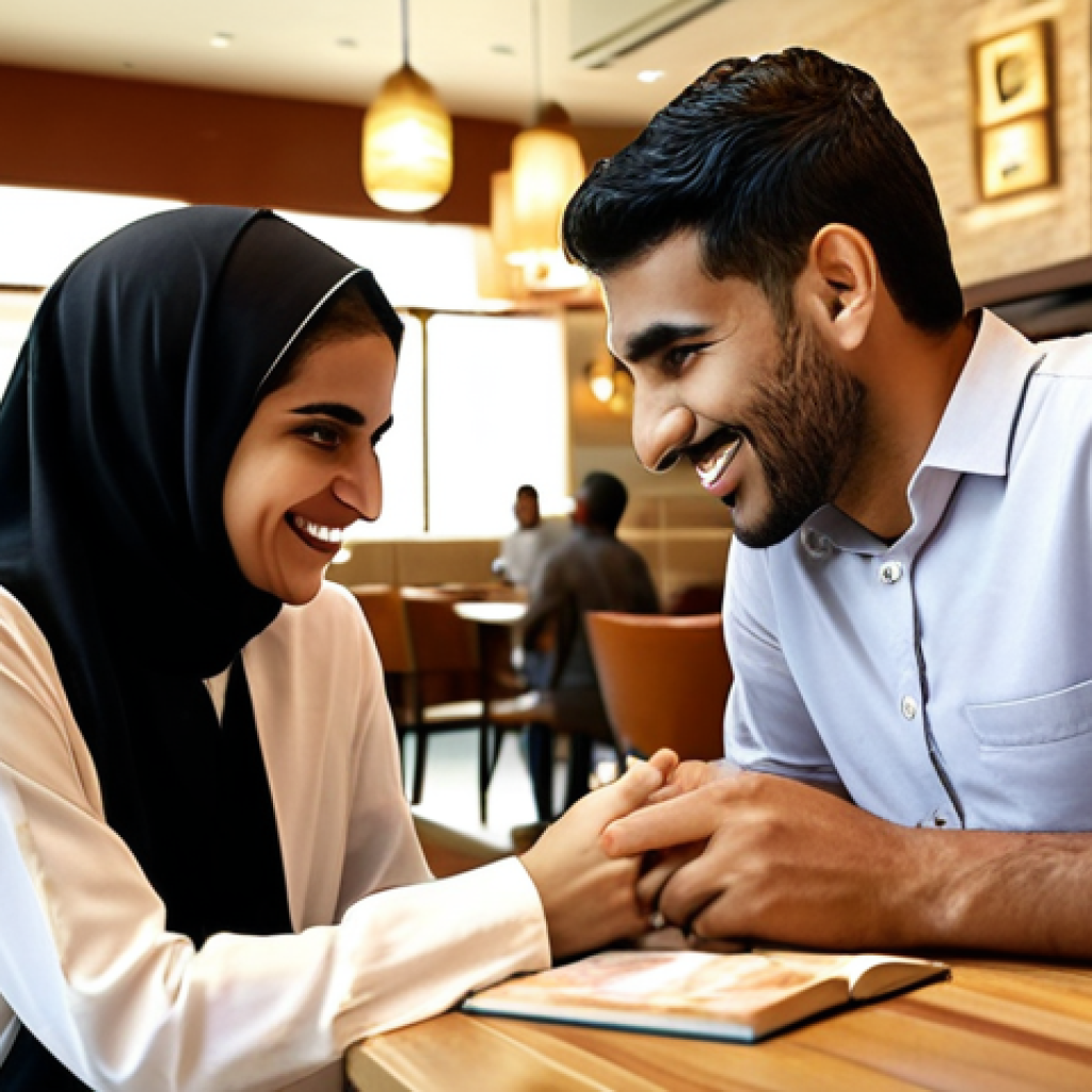 **

A young Bahraini couple meeting at a modern cafe in Manama. The woman is smiling while discussing a book with the man. Soft, natural lighting. Background: other patrons and the cafe's interior. A blend of modern and traditional styles.

**
