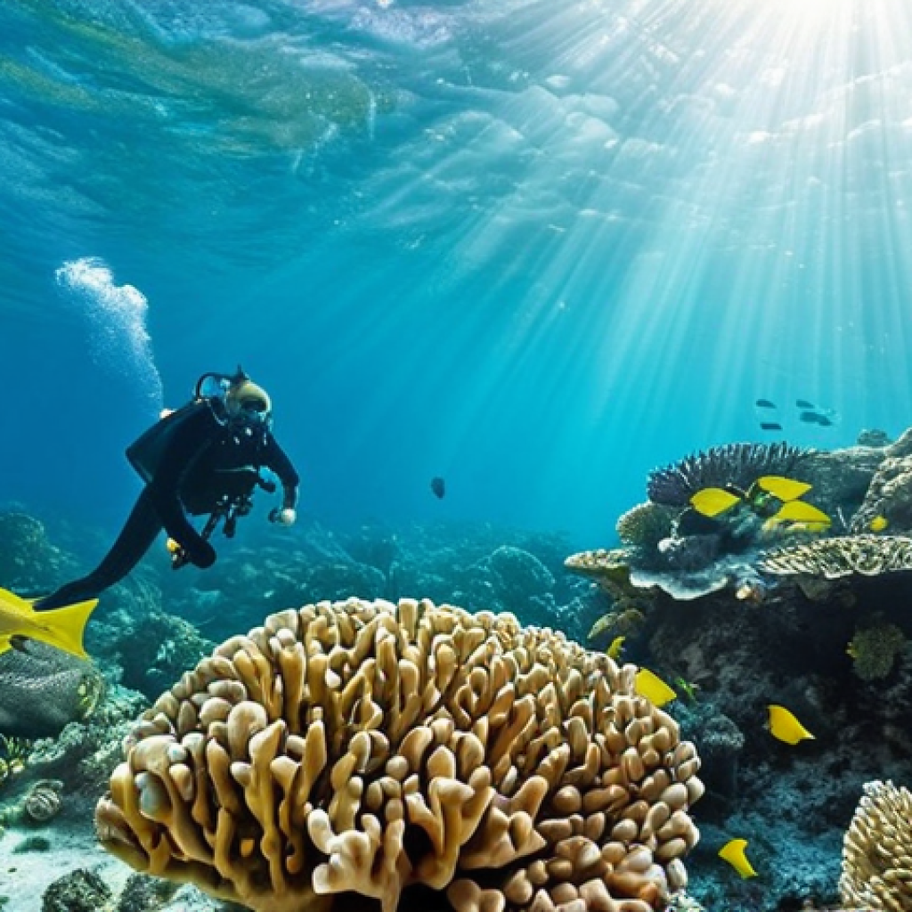 **

> A vibrant coral reef in Bahrain, teeming with colorful fish and marine life. Clear turquoise water and sunlight filtering through the surface. Divers exploring the reef in the background, emphasizing sustainable tourism.

**