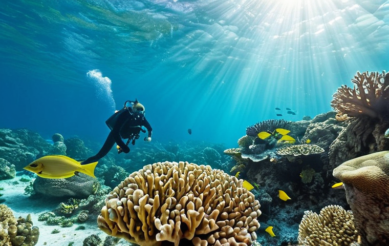 **

> A vibrant coral reef in Bahrain, teeming with colorful fish and marine life. Clear turquoise water and sunlight filtering through the surface. Divers exploring the reef in the background, emphasizing sustainable tourism.

**