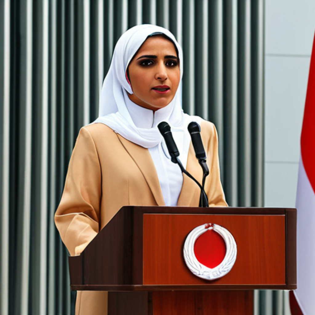 **A Bahraini woman confidently addressing a diverse audience at a political forum. She is wearing a professional outfit and stands behind a podium with the Bahraini flag subtly displayed. The background shows modern architecture and a sense of progress.** (Focuses on female leadership in politics)