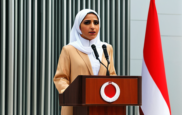 **A Bahraini woman confidently addressing a diverse audience at a political forum. She is wearing a professional outfit and stands behind a podium with the Bahraini flag subtly displayed. The background shows modern architecture and a sense of progress.** (Focuses on female leadership in politics)