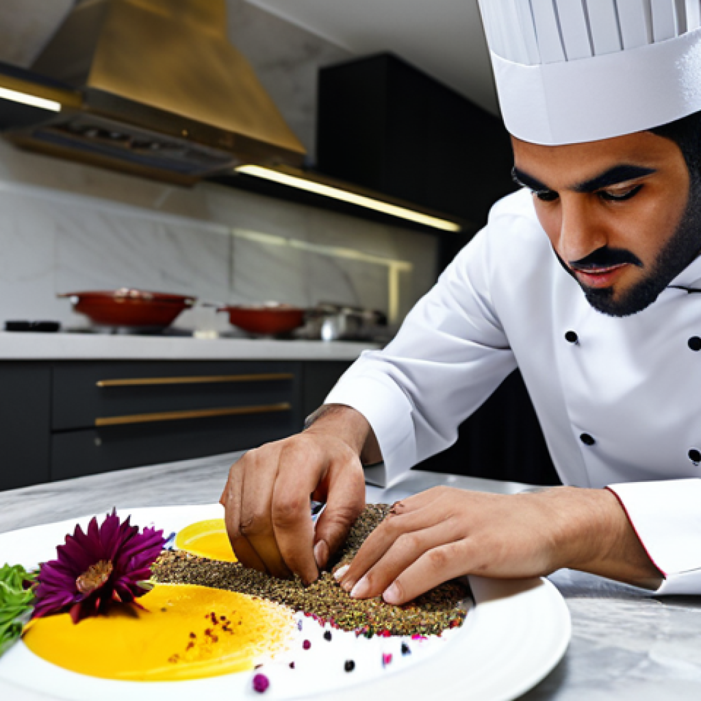 A professional master chef, fully clothed in clean chef whites and modest attire, meticulously plating a modern Bahraini fine dining dish. The dish features fresh, locally sourced ingredients, artistically arranged with vibrant edible flowers and delicate spice powders, showcasing cutting-edge culinary techniques. The background reveals a glimpse of a luxurious, state-of-the-art kitchen with subtle traditional Bahraini design elements and soft, professional lighting. Professional photography, high quality, perfect anatomy, correct proportions, natural pose, well-formed hands, proper finger count, natural body proportions, safe for work, appropriate content, professional, family-friendly.