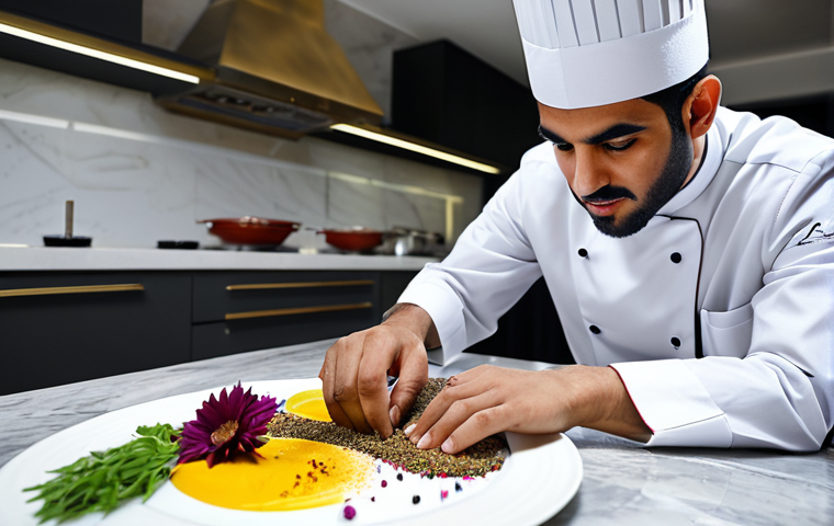 A professional master chef, fully clothed in clean chef whites and modest attire, meticulously plating a modern Bahraini fine dining dish. The dish features fresh, locally sourced ingredients, artistically arranged with vibrant edible flowers and delicate spice powders, showcasing cutting-edge culinary techniques. The background reveals a glimpse of a luxurious, state-of-the-art kitchen with subtle traditional Bahraini design elements and soft, professional lighting. Professional photography, high quality, perfect anatomy, correct proportions, natural pose, well-formed hands, proper finger count, natural body proportions, safe for work, appropriate content, professional, family-friendly.