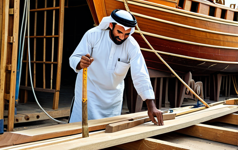 바레인의 전통 낚시 기술 - Dhow Construction**

"Bahraini shipwright (qalaf) meticulously crafting a traditional dhow using han...