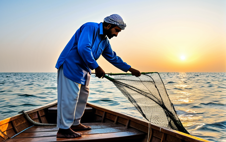 바레인의 전통 낚시 기술 - Dhow Construction**

"Bahraini shipwright (qalaf) meticulously crafting a traditional dhow using han...