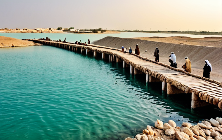 바레인의 역사적 다리 - **Prompt 1: Ancient Dilmun Era - First Connections and Primitive Engineering**
    "A panoramic shot...