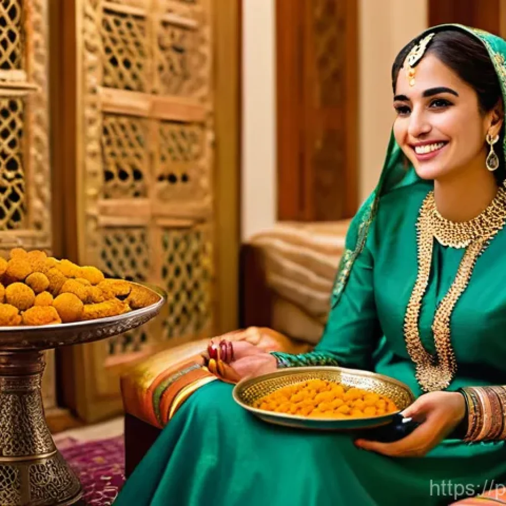 바레인의 전통 결혼 문화 - **Prompt 1: The Henna Night Celebration**
"A Bahraini bride sits gracefully in a beautifully dec...