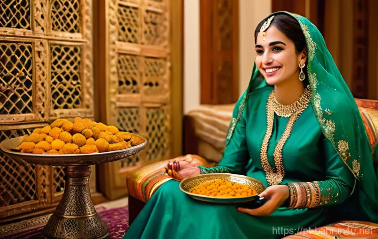 바레인의 전통 결혼 문화 - **Prompt 1: The Henna Night Celebration**
    "A Bahraini bride sits gracefully in a beautifully dec...