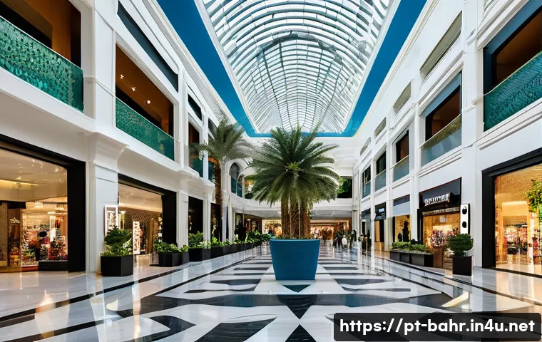 바레인 현대화된 쇼핑몰 - A futuristic shopping mall in Bahrain blending modern architecture with traditional Arabic design el...