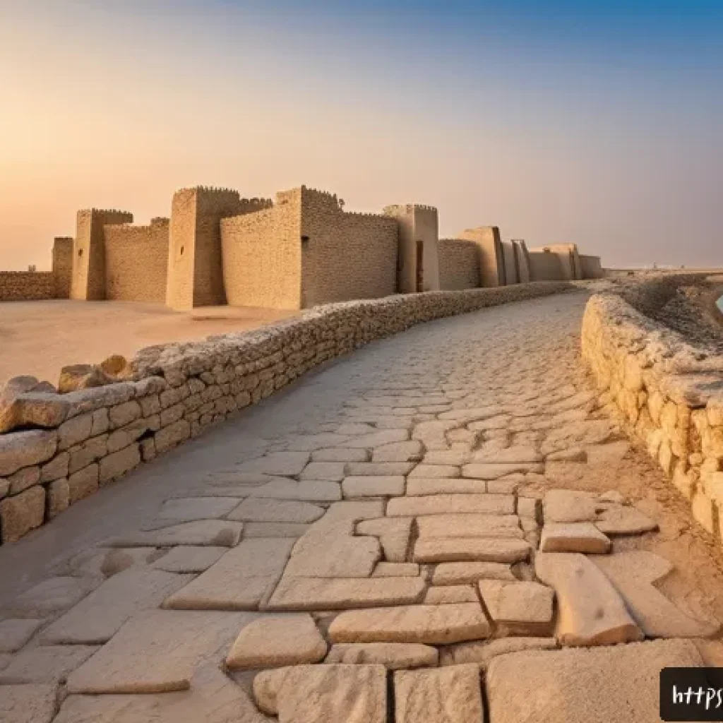 바레인의 역사적 성벽 - A detailed panoramic view of the ancient Qal'at al-Bahrain wall ruins near Manama at sunset, showcas...
