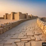 바레인의 역사적 성벽 - A detailed panoramic view of the ancient Qal'at al-Bahrain wall ruins near Manama at sunset, showcas...