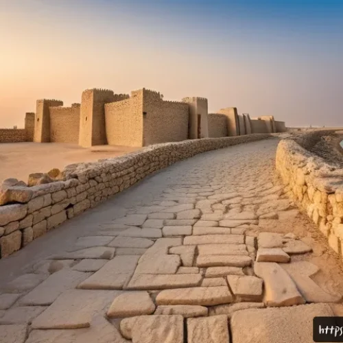 바레인의 역사적 성벽 - A detailed panoramic view of the ancient Qal'at al-Bahrain wall ruins near Manama at sunset, showcas...