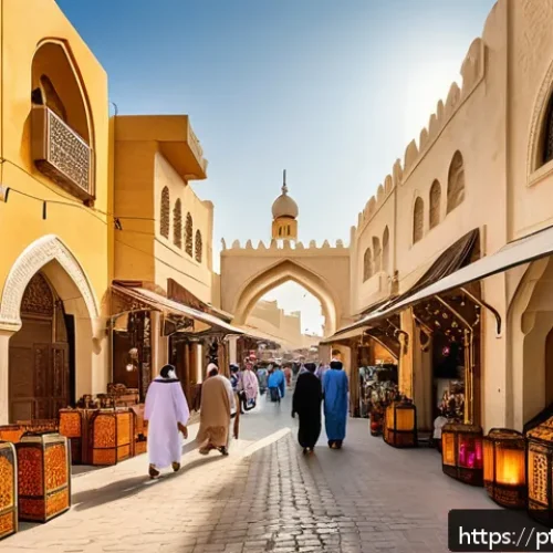 바레인의 독특한 체험 투어 - A vibrant, bustling traditional souk in Manama, Bahrain, filled with colorful stalls displaying arom...