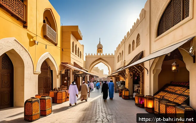 바레인의 독특한 체험 투어 - A vibrant, bustling traditional souk in Manama, Bahrain, filled with colorful stalls displaying arom...