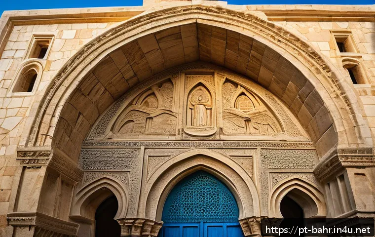 바레인의 역사적 교회 - A grand Romanesque church from the 4th century in Manama, Bahrain, featuring robust stone arches and...
