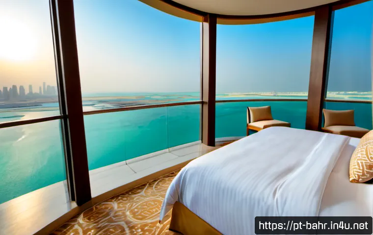 Home 17 바레인 호텔 추천 - Photorealistic luxury hotel suite in Manama, Bahrain, with floor-to-ceiling windows overlooking the ...