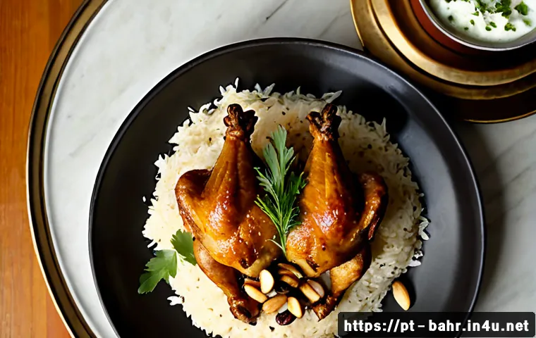 바레인 전통 음식 소개 - Photorealistic overhead food photography of traditional Bahraini chicken machboos, fragrant spiced b...