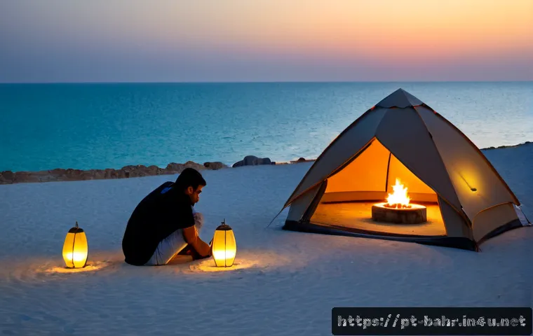 Home 26 바레인의 해변 캠핑 - Photorealistic beachfront camping scene on Bahrain’s tranquil Persian Gulf coast, a modern beige can...
