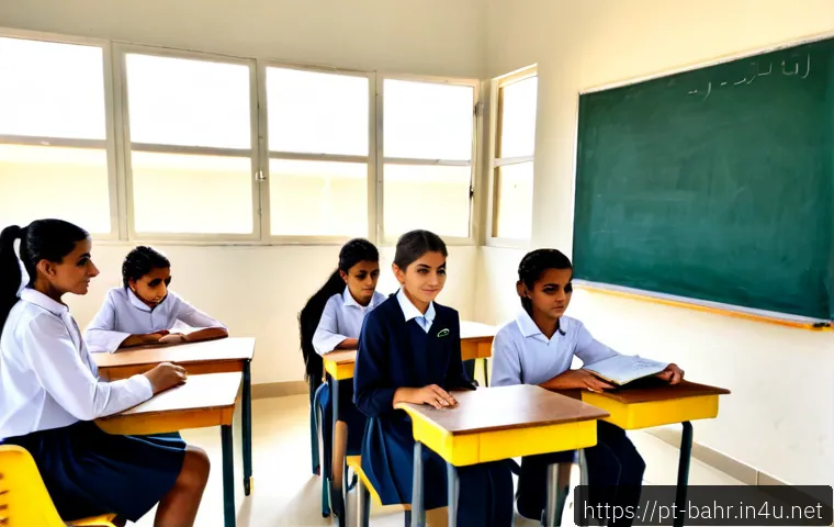 Home 15 바레인의 교육 시스템 - Photorealistic wide-angle classroom in Bahrain, diverse teenage students in neat modest school unifo...